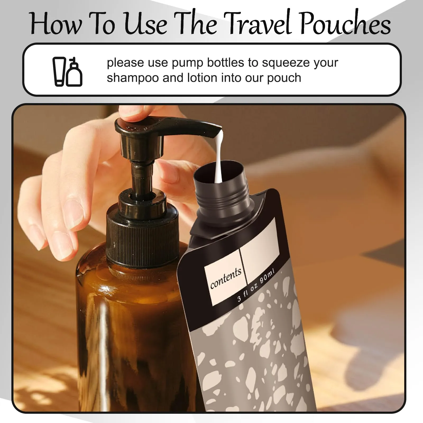 ANNGO 18 Pack Travel pouches for toiletries, TSA approved travel size containers for liquids,travel shampoo and onditionerpouches,Leak proof 3oz Travel Squeeze Pouches(Black), ANNGO-002