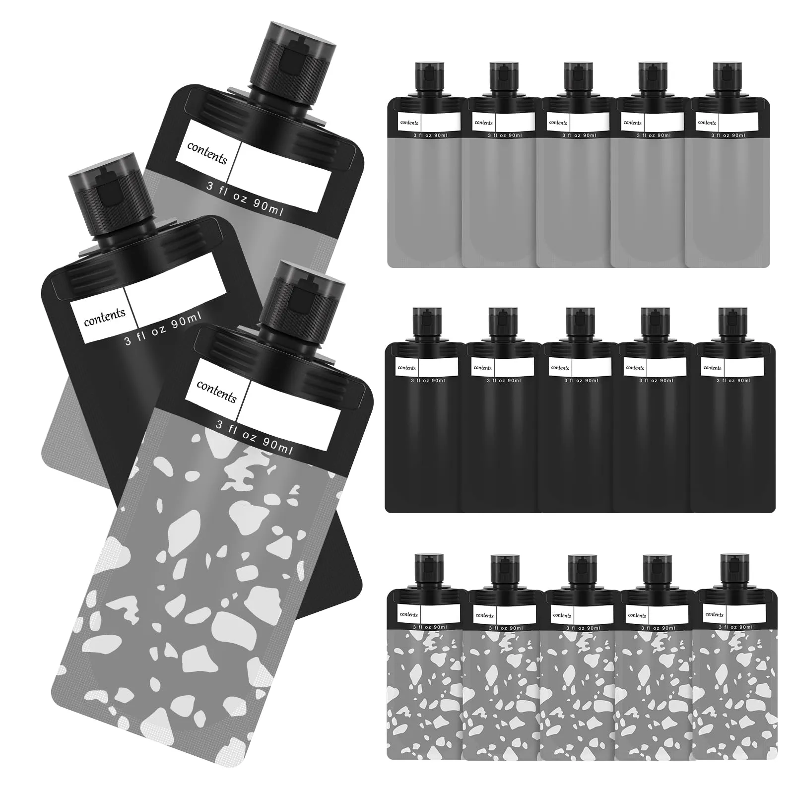 ANNGO 18 Pack Travel pouches for toiletries, TSA approved travel size containers for liquids,travel shampoo and onditionerpouches,Leak proof 3oz Travel Squeeze Pouches(Black), ANNGO-002