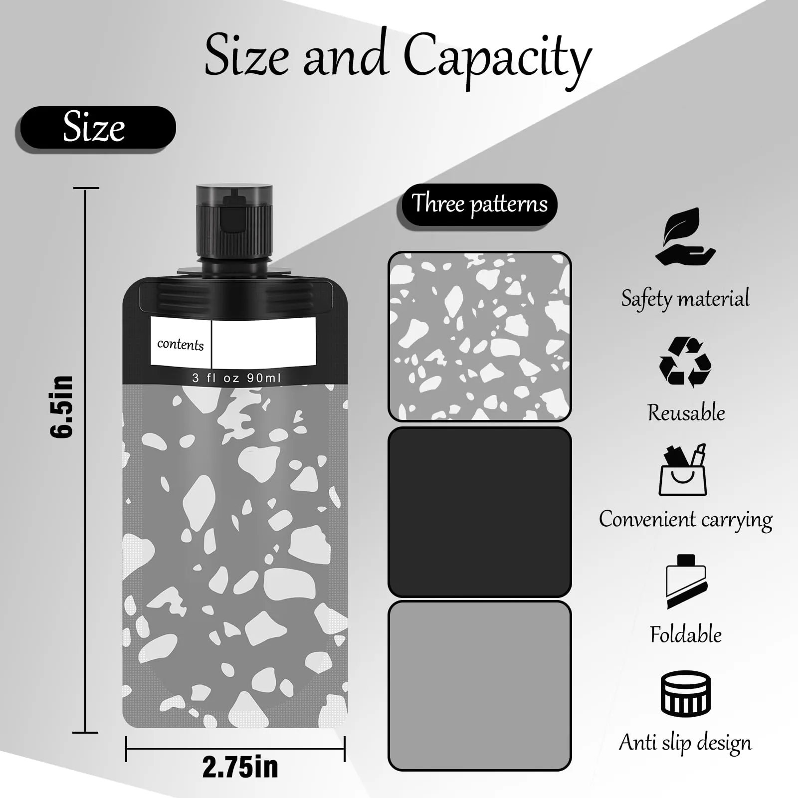 ANNGO 18 Pack Travel pouches for toiletries, TSA approved travel size containers for liquids,travel shampoo and onditionerpouches,Leak proof 3oz Travel Squeeze Pouches(Black), ANNGO-002