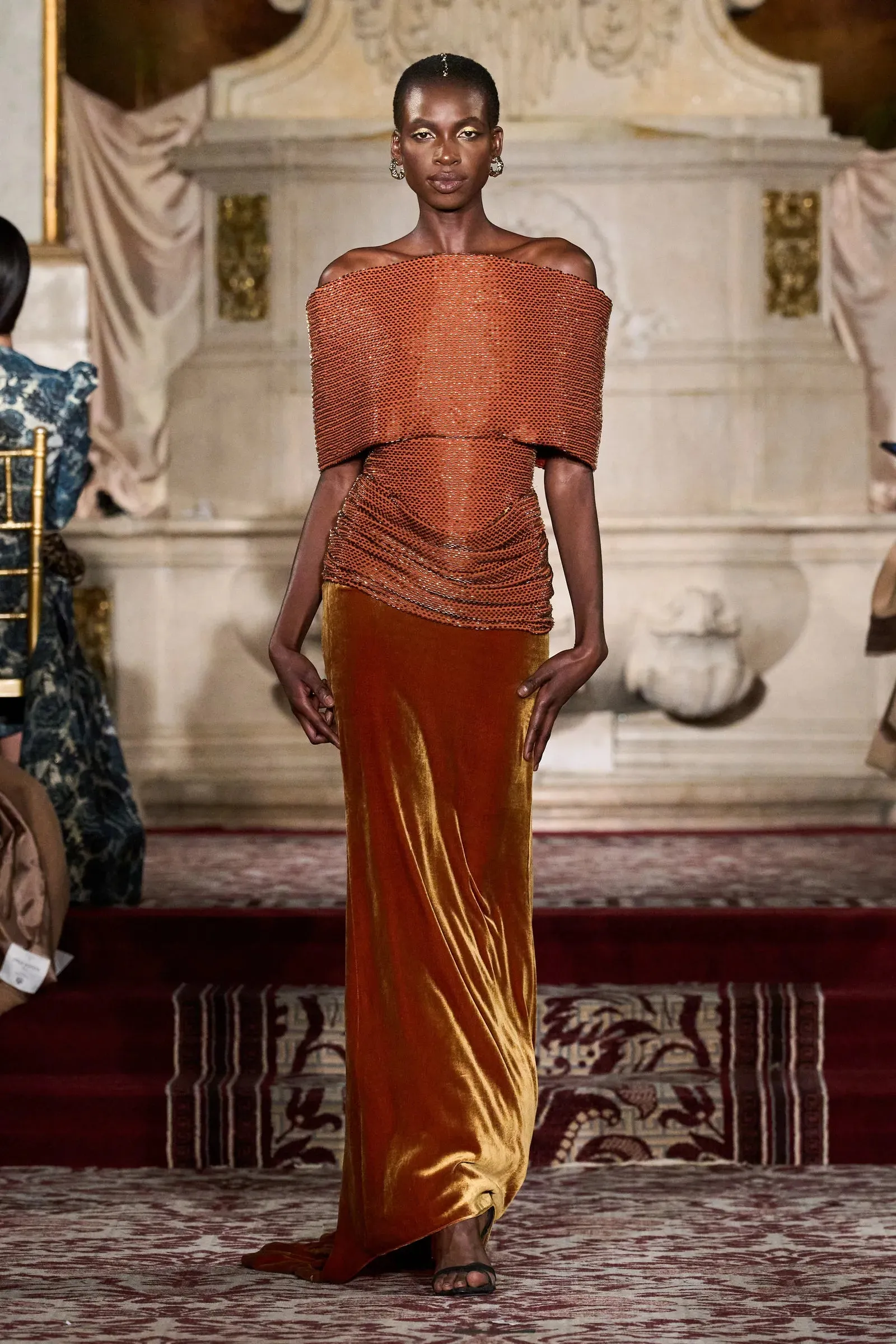 Beaded Copper and Velvet Off the Shoulder Gown