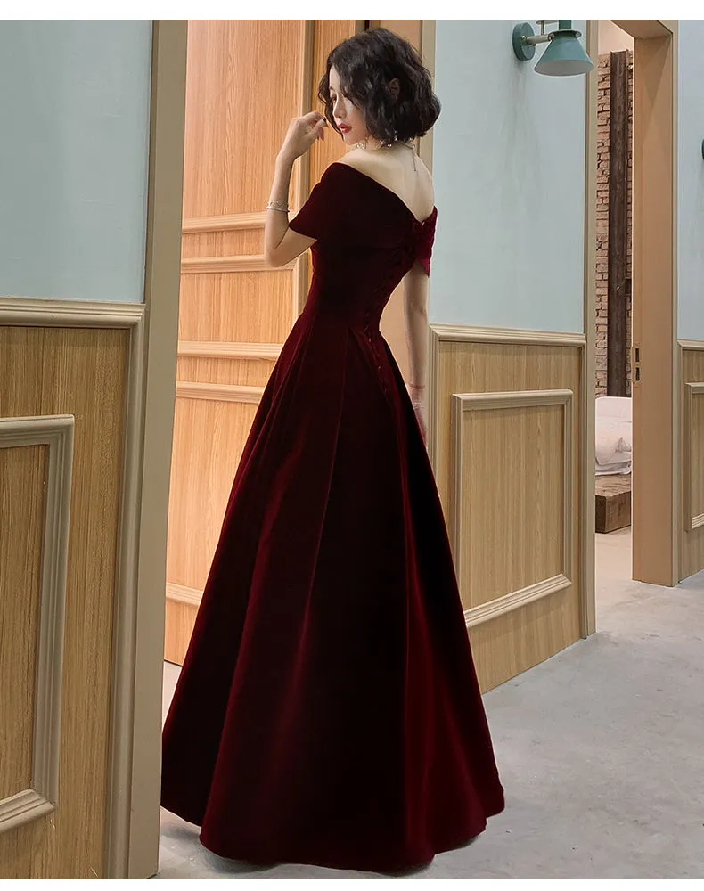 Beautiful Dark Red Velvet Off Shoulder Bridesmaid Dress, A-line Long Prom Dress