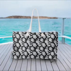Black - White Rose Weekender Travel Tote Bag