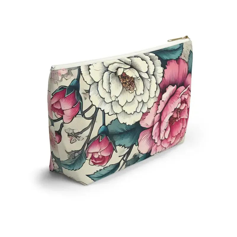 Chic Large Pink Accessory Pouch with White Flowers