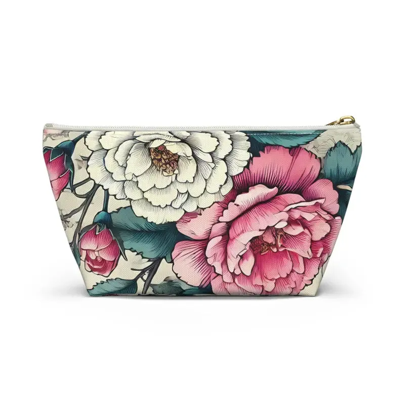 Chic Large Pink Accessory Pouch with White Flowers