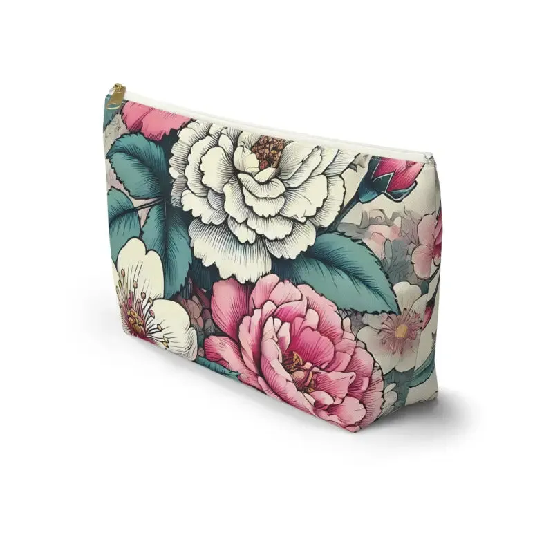 Chic Large Pink Accessory Pouch with White Flowers