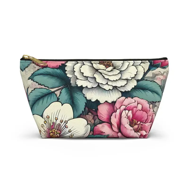 Chic Large Pink Accessory Pouch with White Flowers