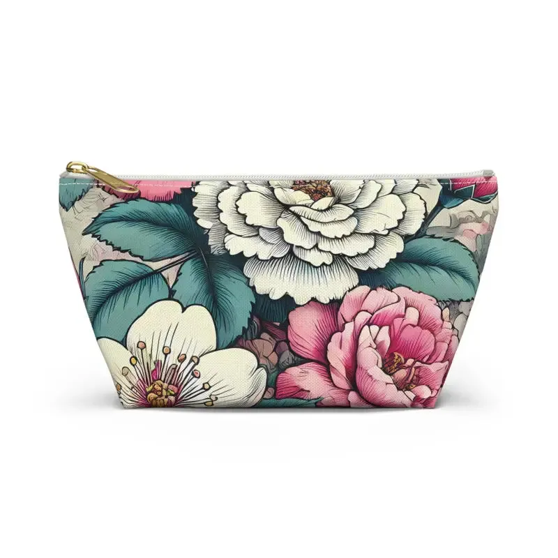 Chic Large Pink Accessory Pouch with White Flowers