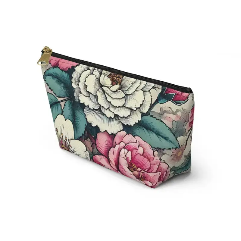 Chic Large Pink Accessory Pouch with White Flowers