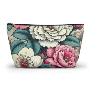 Chic Large Pink Accessory Pouch with White Flowers