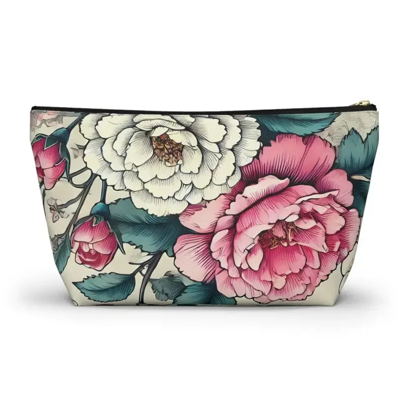 Chic Large Pink Accessory Pouch with White Flowers