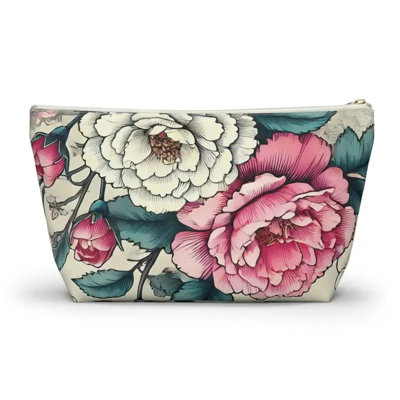 Chic Large Pink Accessory Pouch with White Flowers