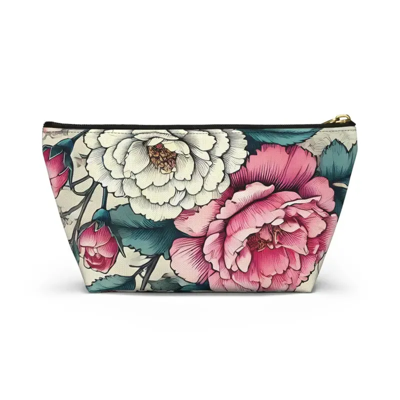 Chic Large Pink Accessory Pouch with White Flowers