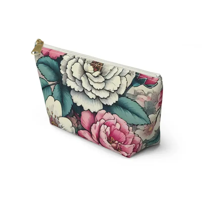 Chic Large Pink Accessory Pouch with White Flowers