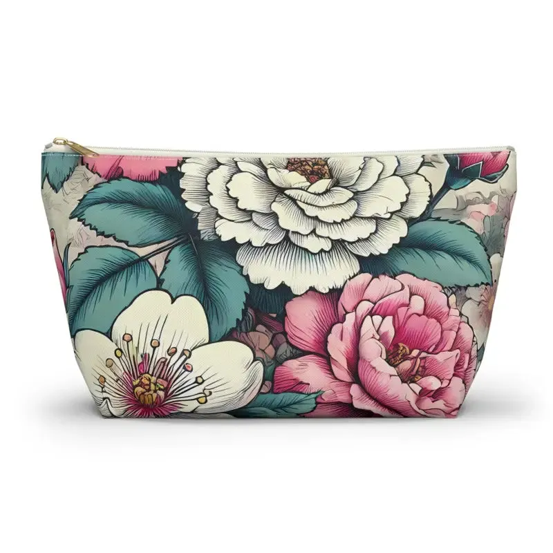 Chic Large Pink Accessory Pouch with White Flowers