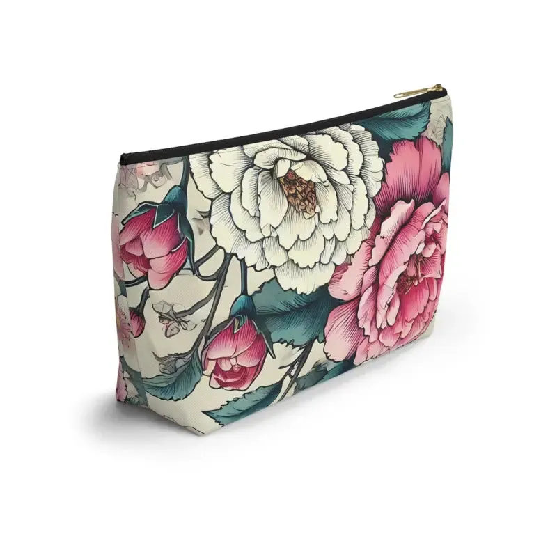 Chic Large Pink Accessory Pouch with White Flowers