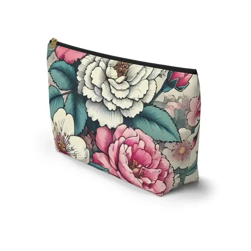 Chic Large Pink Accessory Pouch with White Flowers