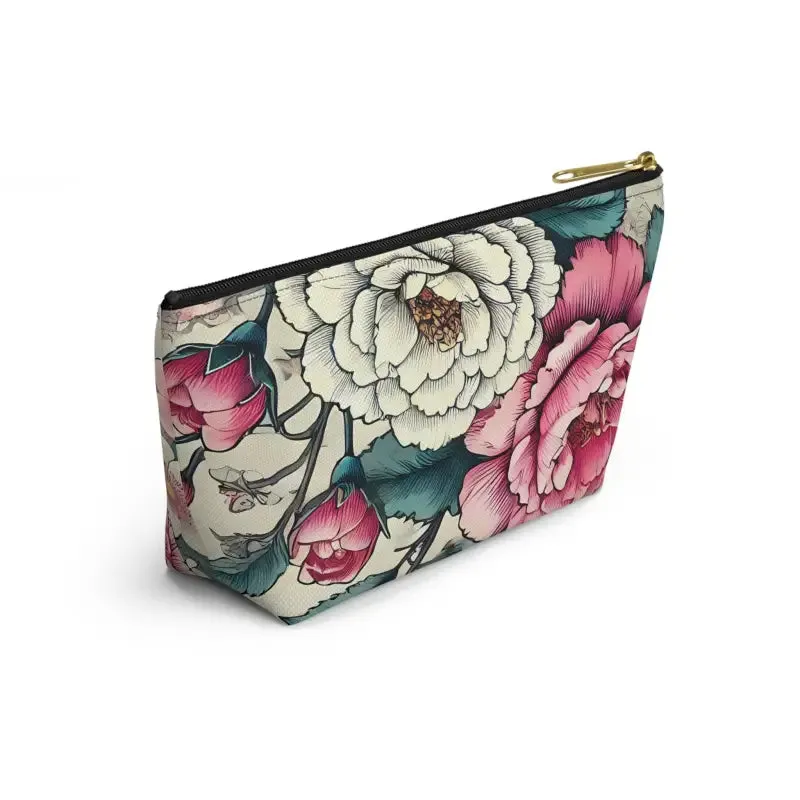 Chic Large Pink Accessory Pouch with White Flowers