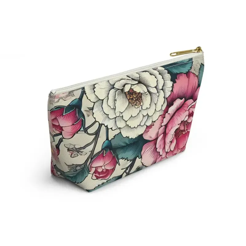 Chic Large Pink Accessory Pouch with White Flowers