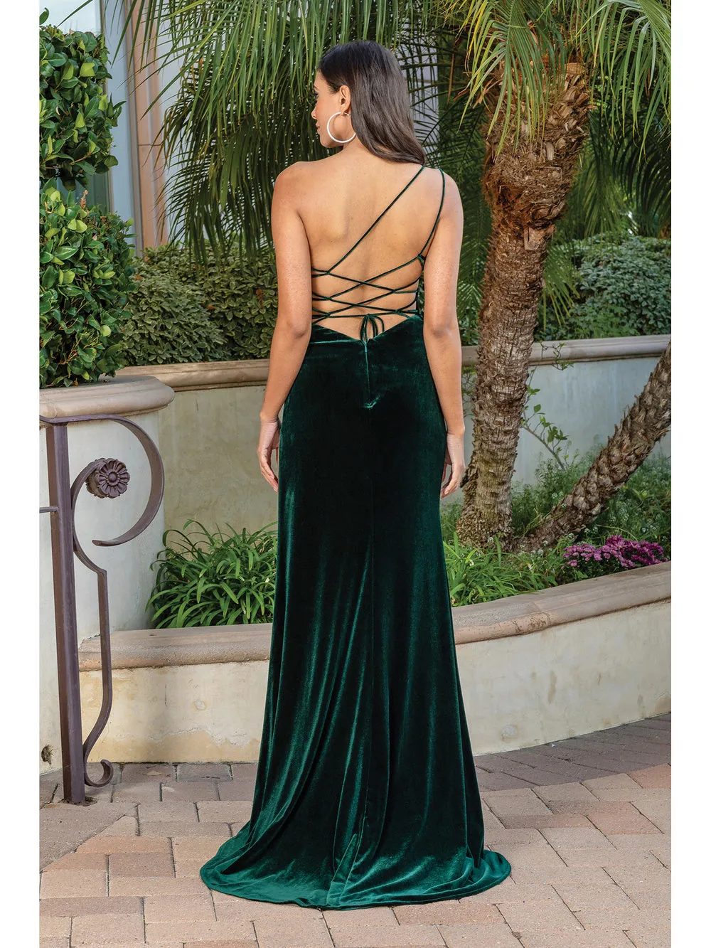 DQ 4312 - Fit & Flare Velvet One Shoulder Prom Dress with Leg Slit & Lace Up Back
