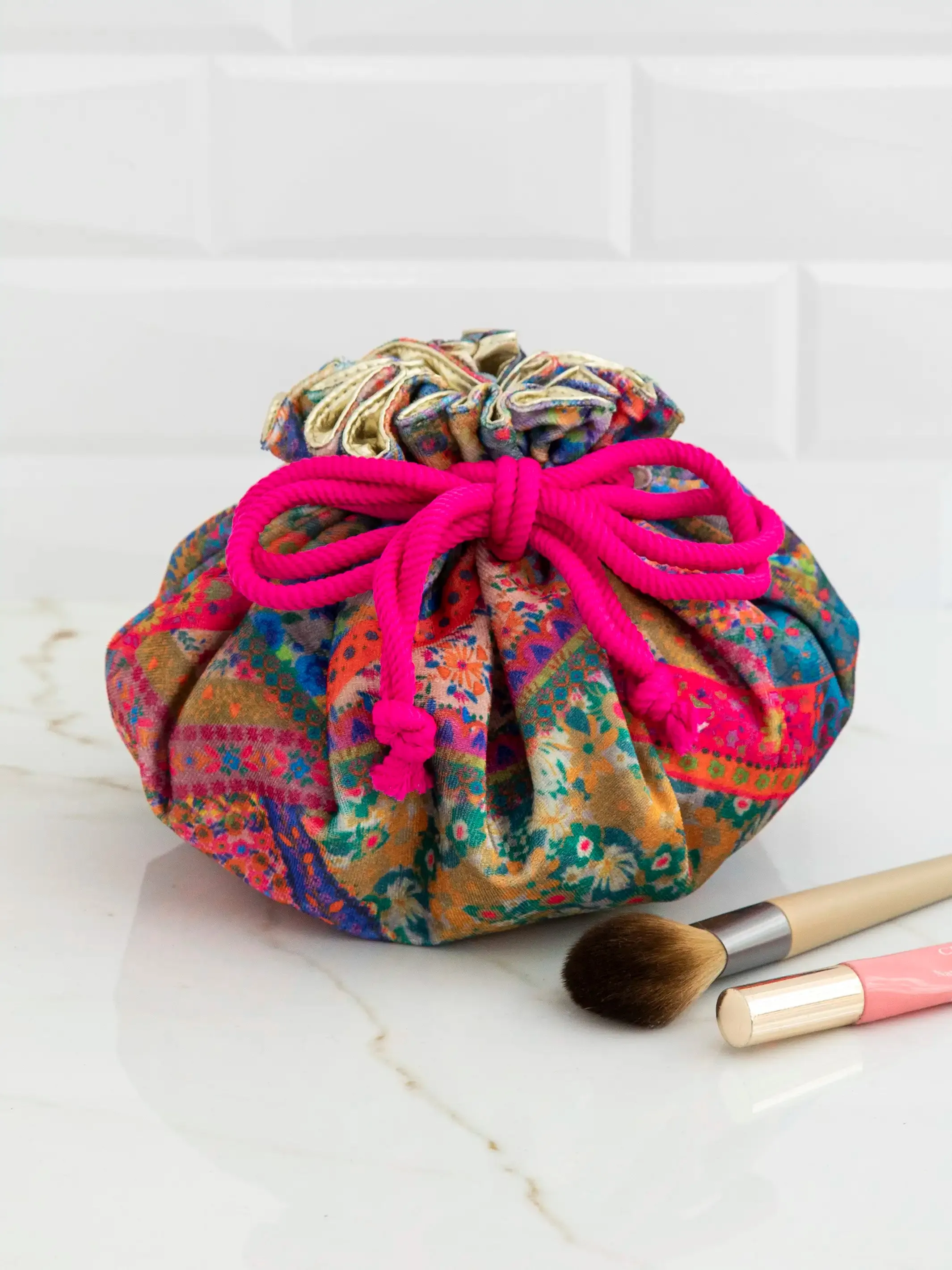 Drawstring Velvet Cosmetic Pouch - Folk Flower Patchwork