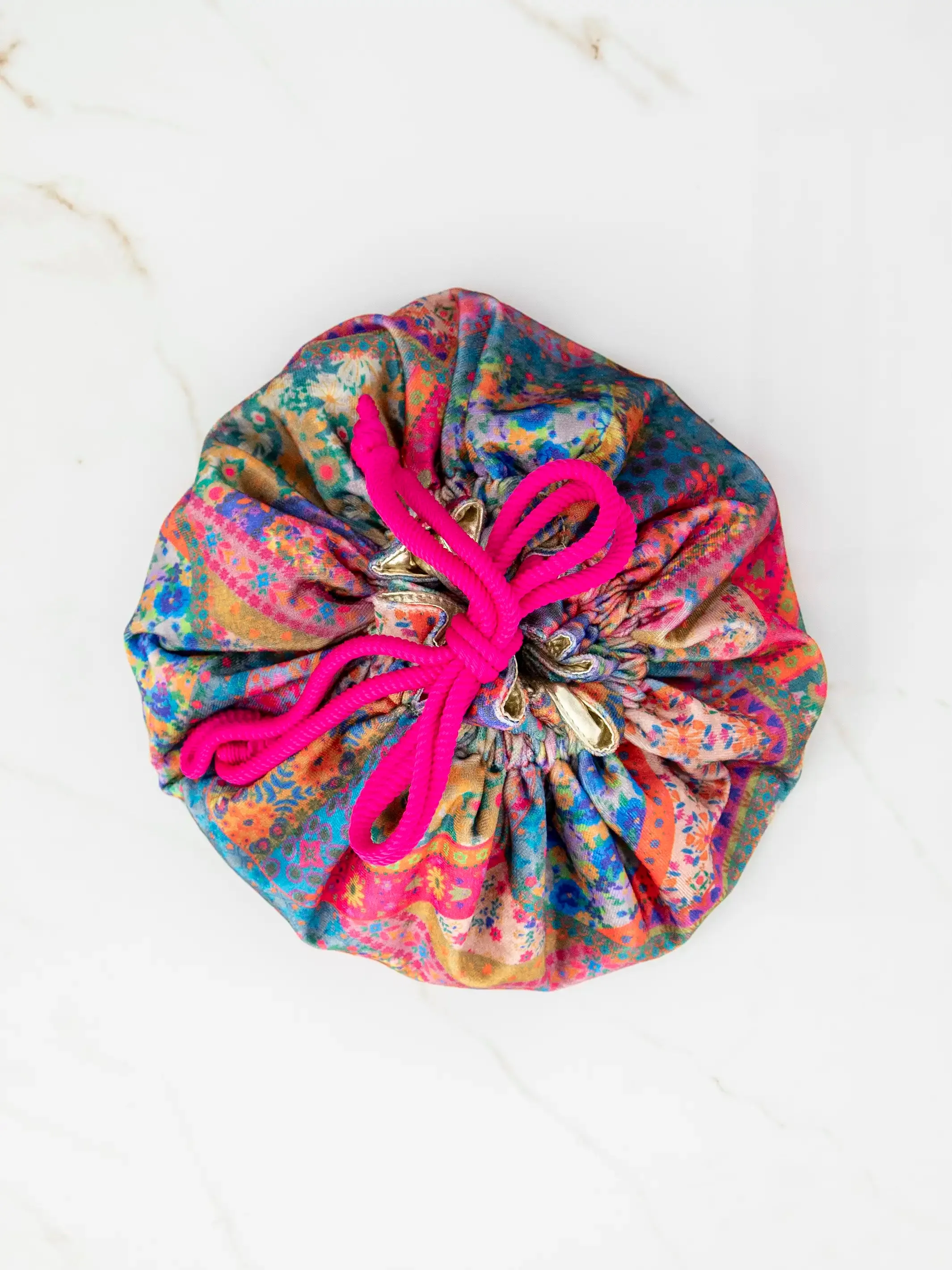 Drawstring Velvet Cosmetic Pouch - Folk Flower Patchwork