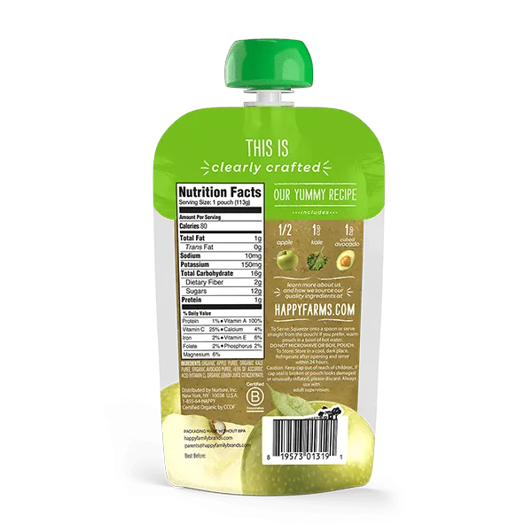 Happy Family Happy Baby Clearly Crafted, Organic Baby Food, Stage 2 (6  months), Apples, Kale & Avocados, 4oz (2 PACK BUNDLE) Exp: 09/25