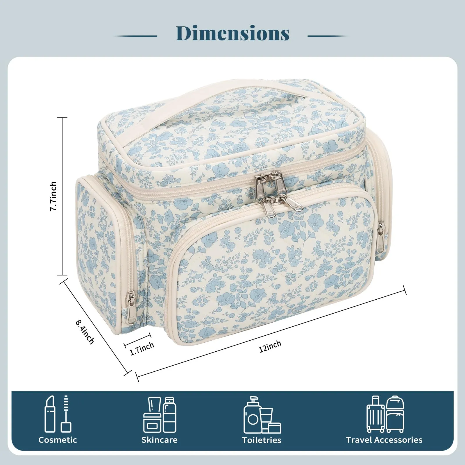 Large Cotton Makeup Bag, Quilted Floral Makeup Bag Organizer for Women Girls with Makeup Brush Compartment & Two Side Pockets, Cosmetic Travel Bag Vertical Storage- Blue Flower