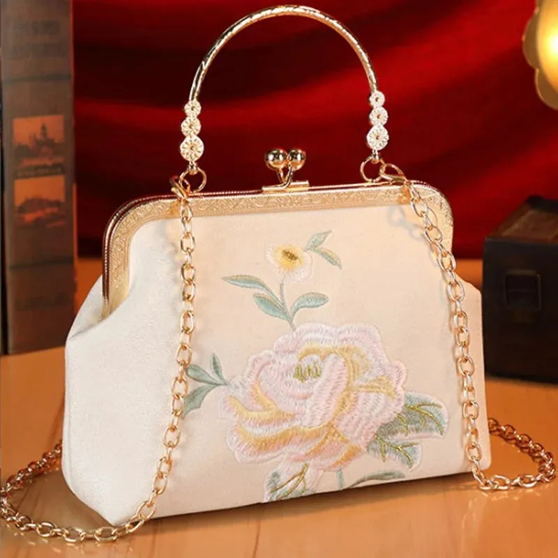 New Evening Bag Fashion Flower Embroidery Women's Bag Beaded Chain Shoulder Bag