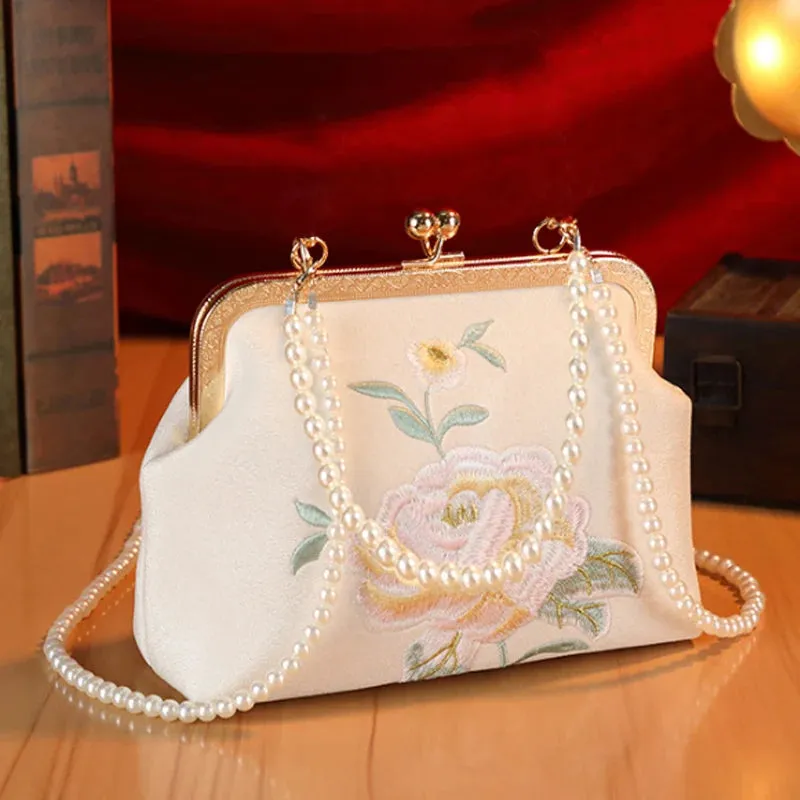 New Evening Bag Fashion Flower Embroidery Women's Bag Beaded Chain Shoulder Bag