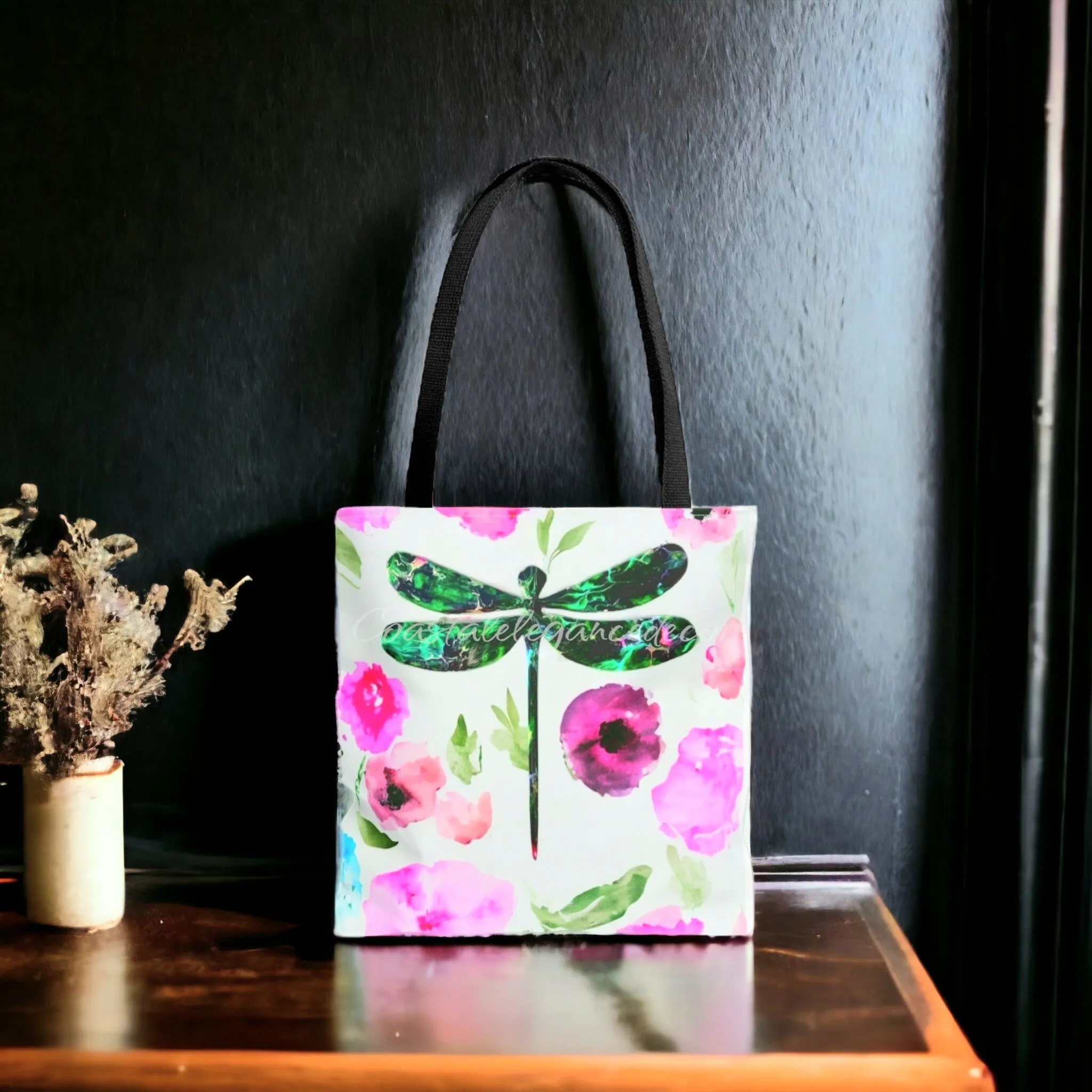 Original Art Green Dragonfly with Pink and Purple Contemporary Flowers Tote Bag 2 sizes