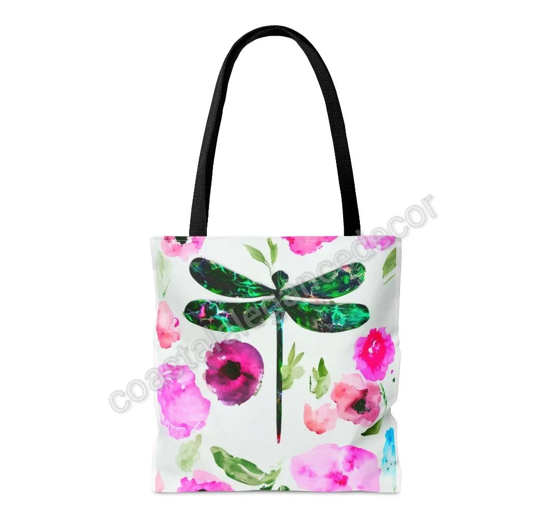 Original Art Green Dragonfly with Pink and Purple Contemporary Flowers Tote Bag 2 sizes
