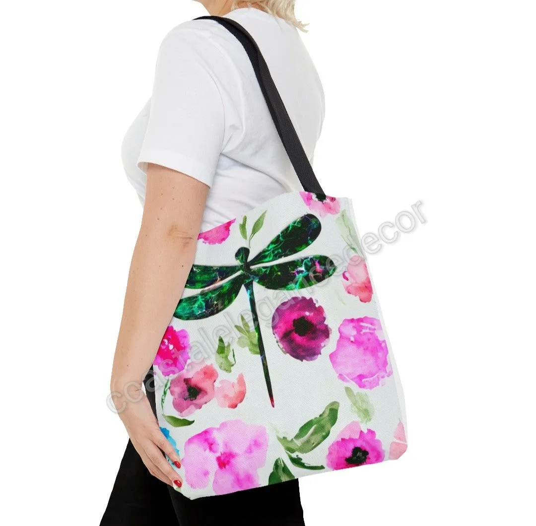 Original Art Green Dragonfly with Pink and Purple Contemporary Flowers Tote Bag 2 sizes