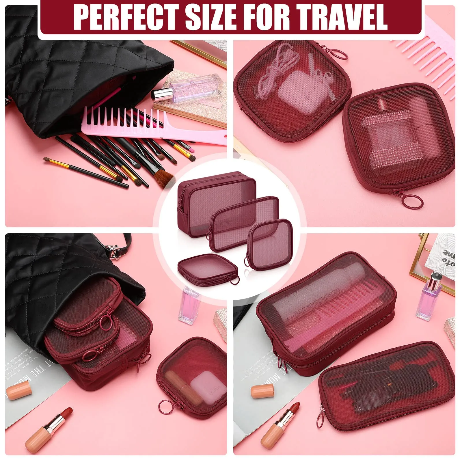 Weewooday 4 Pcs Mesh Makeup Bag Mesh Cosmetic Bag Travel Toiletry Pouch with Zipper Mini Makeup Cosmetic Purse for Daily Accessory(Small, Large, Medium,Wine Red)